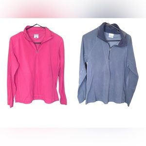 Two Columbia magenta and dark blue quarter zip fleece pullovers size large